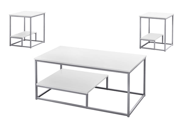 Monarch Specialties Table Set, 3pcs Set, Coffee, End, Side, Accent, Living Room, White Laminate, Grey Metal, Contemporary, Modern White,Silver, Silver Mdf,Metal I 7961p