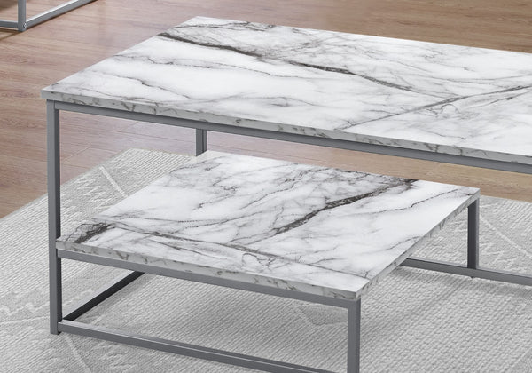 Monarch Specialties Table Set, 3pcs Set, Coffee, End, Side, Accent, Living Room, White Marble Look Laminate, Grey Metal, Contemporary, Modern White Particle Board,Metal I 7963p