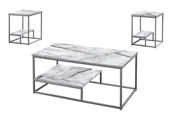 Monarch Specialties Table Set, 3pcs Set, Coffee, End, Side, Accent, Living Room, White Marble Look Laminate, Grey Metal, Contemporary, Modern White Particle Board,Metal I 7963p