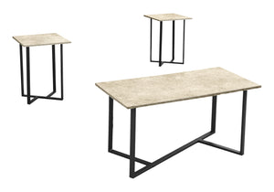 Monarch Specialties Table Set, 3pcs Set, Coffee, End, Living Room, Cream Stone Laminate, Black Metal, Contemporary, Modern Cream,Black, Black Mdf,Laminate,Metal I 7974p