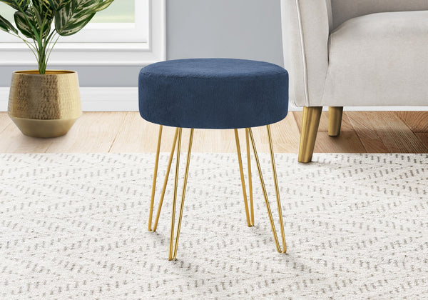 Monarch Specialties Ottoman, Pouf, Footrest, Foot Stool, 14" Round, Blue Fabric, Gold Metal Legs, Contemporary, Modern Blue,Gold, Gold Foam,Metal,Polyester I 9002