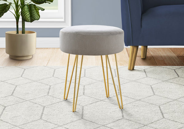 Monarch Specialties Ottoman, Pouf, Footrest, Foot Stool, 14" Round, Grey Fabric, Gold Metal Legs, Contemporary, Modern Grey,Gold, Gold Foam,Metal,Polyester I 9003