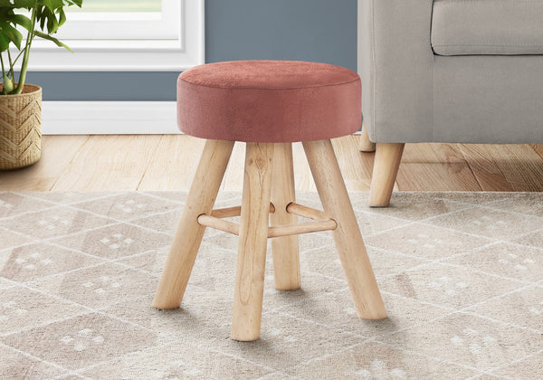 Monarch Specialties Ottoman, Pouf, Footrest, Foot Stool, 12" Round, Pink Velvet, Natural Wood Legs, Contemporary, Modern Pink,Natural, Natural Foam,Solid Wood,Velvet I 9007