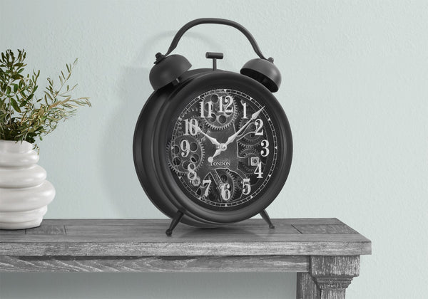 Monarch Specialties Clocks, 12" Round, Gear Mechanism, Table Clock, Black, Transitional Black Plastic,Glass,Metal I 9015