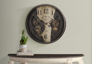 Monarch Specialties Clocks, 30" Round, Wall Clock, Gear Mechanism, Brown, Transitional Brown Plastic,Glass,Metal I 9023