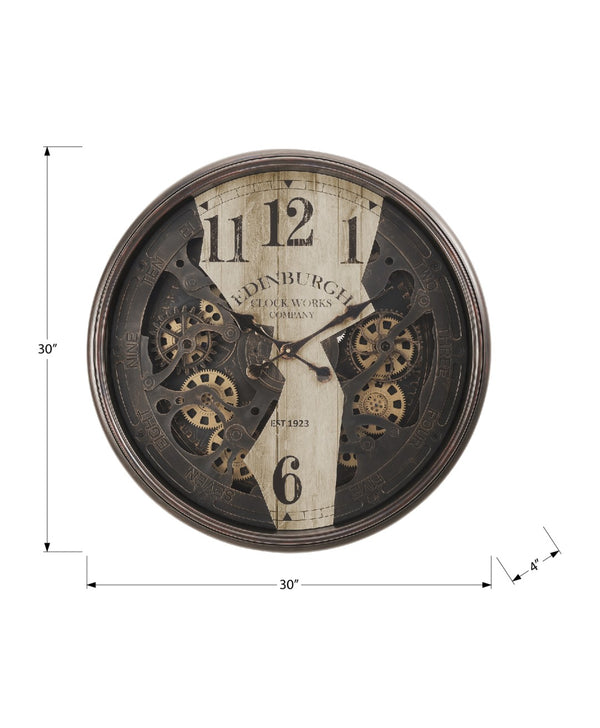 Monarch Specialties Clocks, 30" Round, Wall Clock, Gear Mechanism, Brown, Transitional Brown Plastic,Glass,Metal I 9023