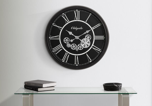 Monarch Specialties Clocks, 30" Round, Gear Mechanism, Large Oversized, Wall Clock, Black, Transitional Black Plastic,Glass,Metal I 9032