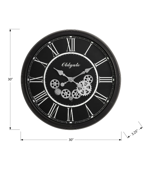 Monarch Specialties Clocks, 30" Round, Gear Mechanism, Large Oversized, Wall Clock, Black, Transitional Black Plastic,Glass,Metal I 9032