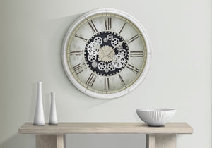 Monarch Specialties Clocks, 30" Round, Gear Mechanism, Large Oversized, Wall Clock, White, Transitional White Plastic,Glass,Metal I 9033
