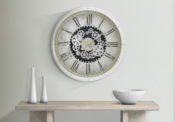 Monarch Specialties Clocks, 30" Round, Gear Mechanism, Large Oversized, Wall Clock, White, Transitional White Plastic,Glass,Metal I 9033