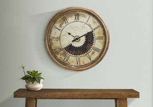 Monarch Specialties Clocks, 30" Round, Gear Mechanism, Large Oversized, Wall Clock, Antique Gold, Transitional Brown Plastic,Glass,Metal I 9034