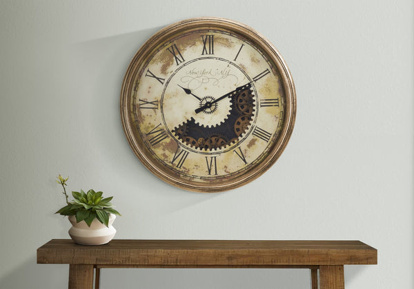 Monarch Specialties Clocks, 30" Round, Gear Mechanism, Large Oversized, Wall Clock, Antique Gold, Transitional Brown Plastic,Glass,Metal I 9034