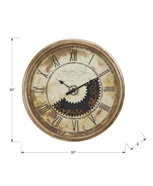 Monarch Specialties Clocks, 30" Round, Gear Mechanism, Large Oversized, Wall Clock, Antique Gold, Transitional Brown Plastic,Glass,Metal I 9034
