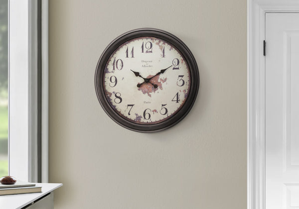 Monarch Specialties Clocks, 20" Round, Wall Clock, Brown, Transitional Brown Plastic,Glass,Metal I 9042
