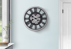 Monarch Specialties Clocks, 20" Round, Gear Mechanism, Wall Clock, Black, Silver, Transitional Black,Silver, Silver Plastic,Glass,Metal I 9058