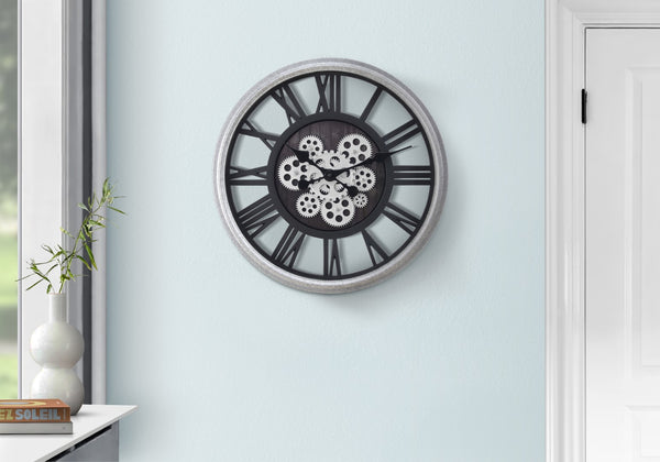 Monarch Specialties Clocks, 20" Round, Gear Mechanism, Wall Clock, Black, Silver, Transitional Black,Silver, Silver Plastic,Glass,Metal I 9058