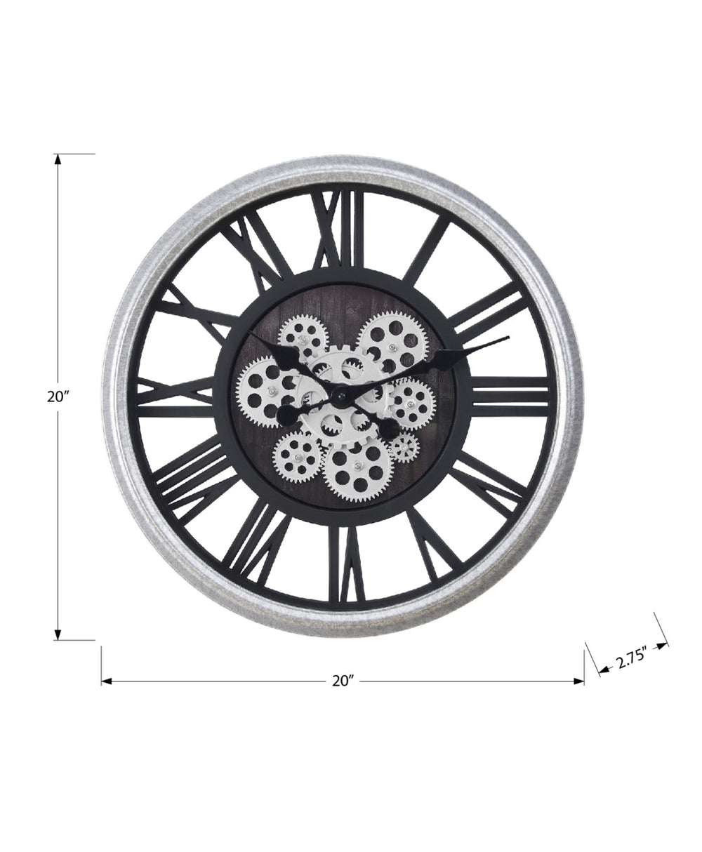 Monarch Specialties Clocks, 20" Round, Gear Mechanism, Wall Clock, Black, Silver, Transitional Black,Silver, Silver Plastic,Glass,Metal I 9058