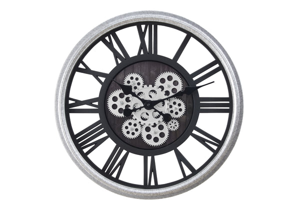 Monarch Specialties Clocks, 20" Round, Gear Mechanism, Wall Clock, Black, Silver, Transitional Black,Silver, Silver Plastic,Glass,Metal I 9058