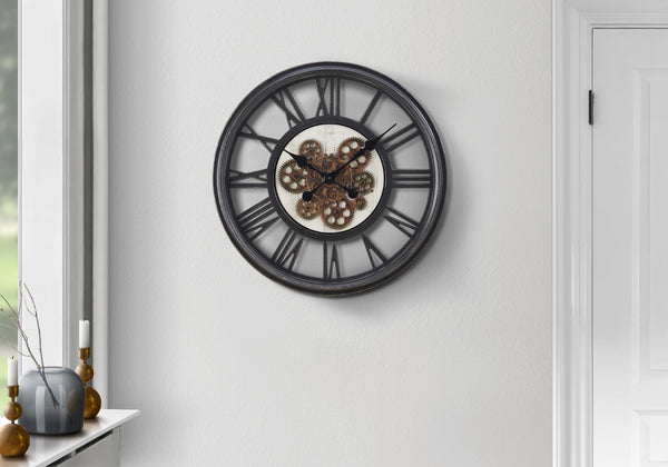 Monarch Specialties Clocks, 20" Round, Gear Mechanism, Wall Clock, Black, Transitional Black Plastic,Glass,Metal I 9064