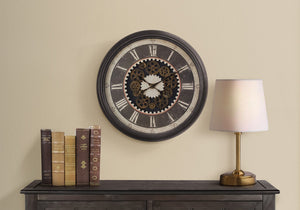 Monarch Specialties Clocks, 23" Round, Gear Mechanism, Wall Clock, Brown, Transitional Brown Plastic,Glass,Metal I 9070