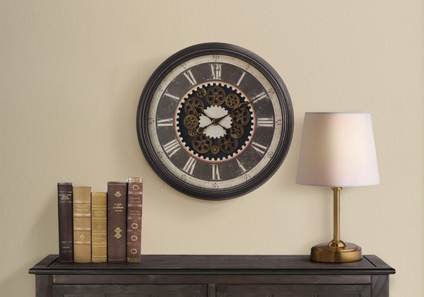 Monarch Specialties Clocks, 23" Round, Gear Mechanism, Wall Clock, Brown, Transitional Brown Plastic,Glass,Metal I 9070