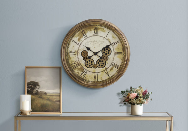 Monarch Specialties Clocks, 23" Round, Gear Mechanism, Wall Clock, Antique Brown, Transitional Brown Plastic,Glass,Metal I 9071