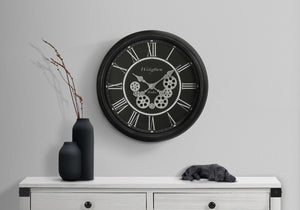 Monarch Specialties Clocks, 23" Round, Gear Mechanism, Wall Clock, Black, Transitional Black Plastic,Glass,Metal I 9072