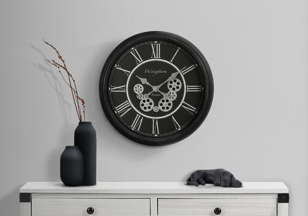 Monarch Specialties Clocks, 23" Round, Gear Mechanism, Wall Clock, Black, Transitional Black Plastic,Glass,Metal I 9072