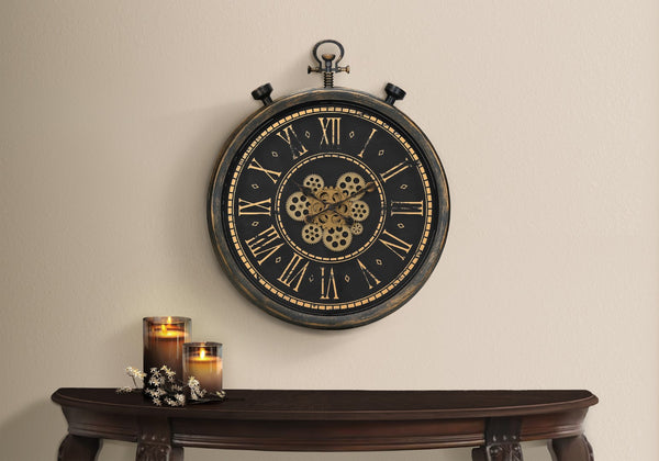 Monarch Specialties Clocks, 24" Round, Gear Mechanism, Wall Clock, Brown, Transitional Brown Plastic,Glass,Metal I 9073