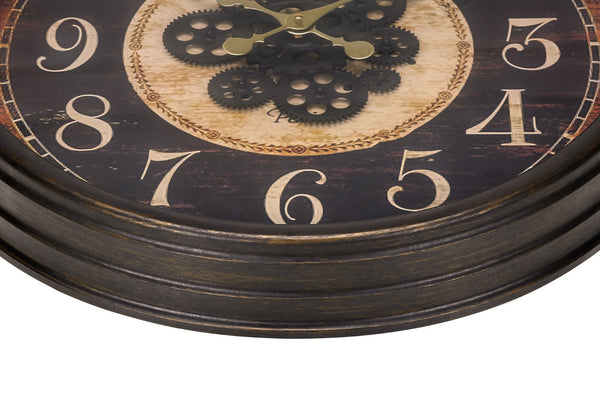 Monarch Specialties Clocks, 24" Round, Gear Mechanism, Wall Clock, Brown, Traditional Brown Plastic,Glass,Metal I 9074