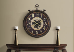 Monarch Specialties Clocks, 24" Round, Gear Mechanism, Wall Clock, Brown, Traditional Brown Plastic,Glass,Metal I 9074