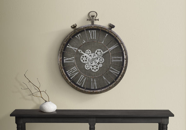 Monarch Specialties Clocks, 24" Round, Gear Mechanism, Wall Clock, Grey, Transitional Grey Plastic,Glass,Metal I 9075