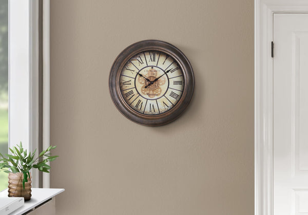 Monarch Specialties Clocks, 15" Round, Wall Clock, Antique Brown, Transitional Brown Plastic,Glass,Metal I 9081