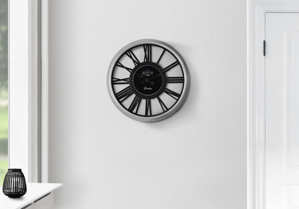 Monarch Specialties Clocks, 16" Round, Wall Clock, Silver, Black, Transitional Black,Silver, Silver Plastic,Glass,Metal I 9086