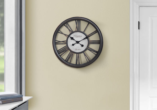 Monarch Specialties Clocks, 18" Round, Wall Clock, Antique Black, Transitional Black Plastic,Glass,Metal I 9093
