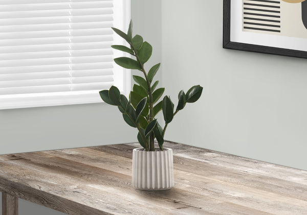 Monarch Specialties Artificial Plant, 20" Tall, Zz, Indoor, Faux, Fake, Table, Greenery, Potted, Real Touch, Decorative, Green Leaves, Grey Cement Pot Green,White, White Plastic,Cement,Foam,Metal I 9500