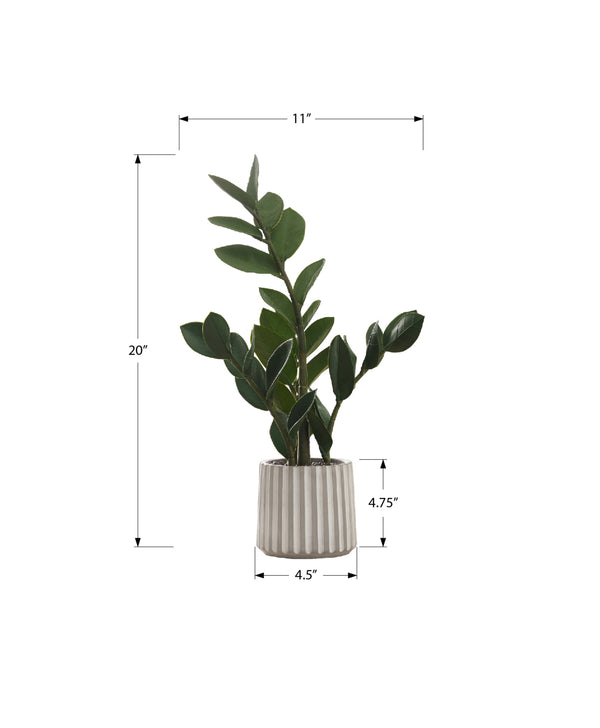 Monarch Specialties Artificial Plant, 20" Tall, Zz, Indoor, Faux, Fake, Table, Greenery, Potted, Real Touch, Decorative, Green Leaves, Grey Cement Pot Green,White, White Plastic,Cement,Foam,Metal I 9500