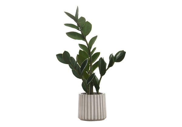 Monarch Specialties Artificial Plant, 20" Tall, Zz, Indoor, Faux, Fake, Table, Greenery, Potted, Real Touch, Decorative, Green Leaves, Grey Cement Pot Green,White, White Plastic,Cement,Foam,Metal I 9500