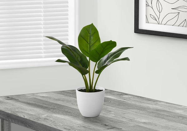 Monarch Specialties Artificial Plant, 17" Tall, Aureum, Indoor, Faux, Fake, Table, Greenery, Potted, Real Touch, Decorative, Green Leaves, White Pot Green,White, White Plastic,Cement,Foam,Metal I 9502