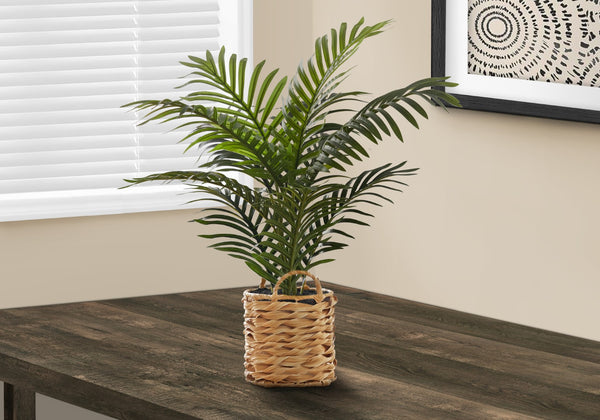 Monarch Specialties Artificial Plant, 24" Tall, Palm, Indoor, Faux, Fake, Table, Floor, Greenery, Potted, Real Touch, Decorative, Green Leaves, Beige Woven Basket Green,Natural, Natural Plastic,Cement,Foam,Metal I 9503