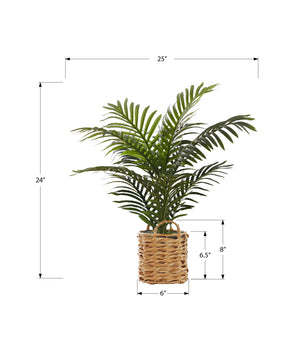 Monarch Specialties Artificial Plant, 24" Tall, Palm, Indoor, Faux, Fake, Table, Floor, Greenery, Potted, Real Touch, Decorative, Green Leaves, Beige Woven Basket Green,Natural, Natural Plastic,Cement,Foam,Metal I 9503