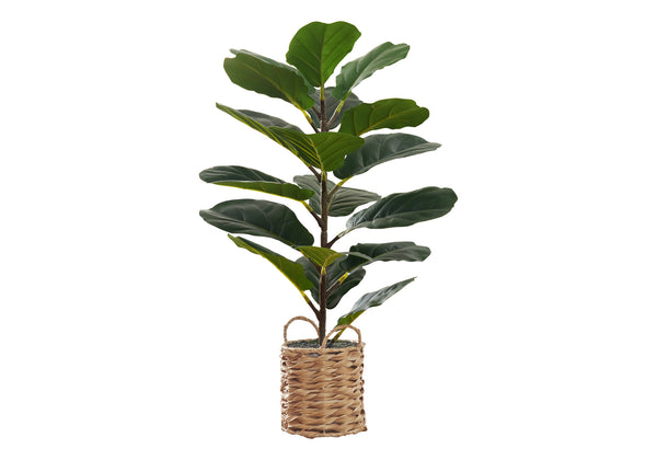 Monarch Specialties Artificial Plant, 28" Tall, Fiddle Tree, Indoor, Faux, Fake, Floor, Greenery, Potted, Real Touch, Decorative, Green Leaves, Beige Woven Basket Green,Natural, Natural Plastic,Cement,Foam,Metal I 9505