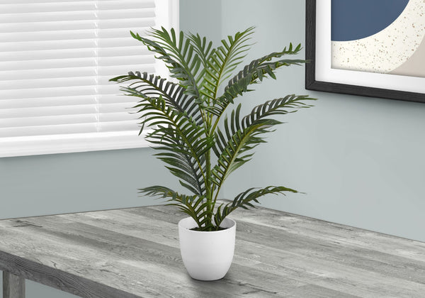 Monarch Specialties Artificial Plant, 28" Tall, Palm Tree, Indoor, Faux, Fake, Floor, Greenery, Potted, Real Touch, Decorative, Green Leaves, White Pot Green,White, White Plastic,Cement,Foam,Metal I 9508
