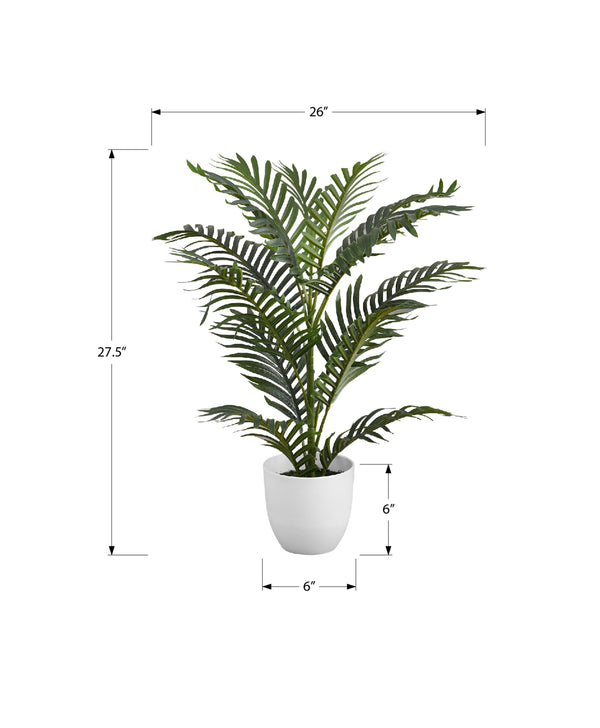 Monarch Specialties Artificial Plant, 28" Tall, Palm Tree, Indoor, Faux, Fake, Floor, Greenery, Potted, Real Touch, Decorative, Green Leaves, White Pot Green,White, White Plastic,Cement,Foam,Metal I 9508