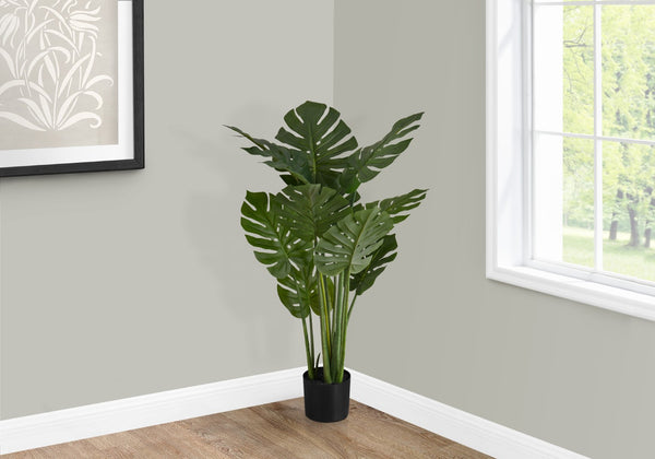 Monarch Specialties Artificial Plant, 45" Tall, Monstera Tree, Indoor, Faux, Fake, Floor, Greenery, Potted, Real Touch, Decorative, Green Leaves, Black Pot Green,Black, Black Plastic,Cement,Foam,Metal I 9510