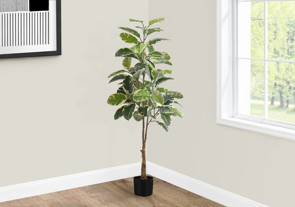 Monarch Specialties Artificial Plant, 52" Tall, Rubber Tree, Indoor, Faux, Fake, Floor, Greenery, Potted, Real Touch, Decorative, Green Leaves, Black Pot Green,Black, Black Plastic,Cement,Foam,Metal I 9513