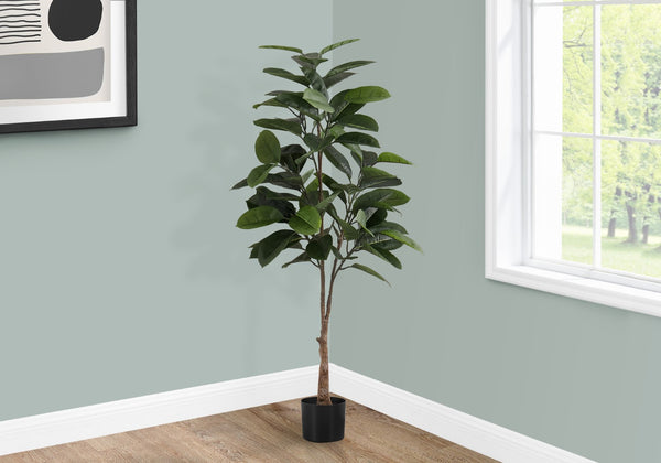 Monarch Specialties Artificial Plant, 52" Tall, Rubber Tree, Indoor, Faux, Fake, Floor, Greenery, Potted, Real Touch, Decorative, Green Leaves, Black Pot Green,Black,White, Black,White Plastic,Cement,Foam,Metal I 9514