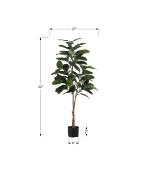 Monarch Specialties Artificial Plant, 52" Tall, Rubber Tree, Indoor, Faux, Fake, Floor, Greenery, Potted, Real Touch, Decorative, Green Leaves, Black Pot Green,Black,White, Black,White Plastic,Cement,Foam,Metal I 9514