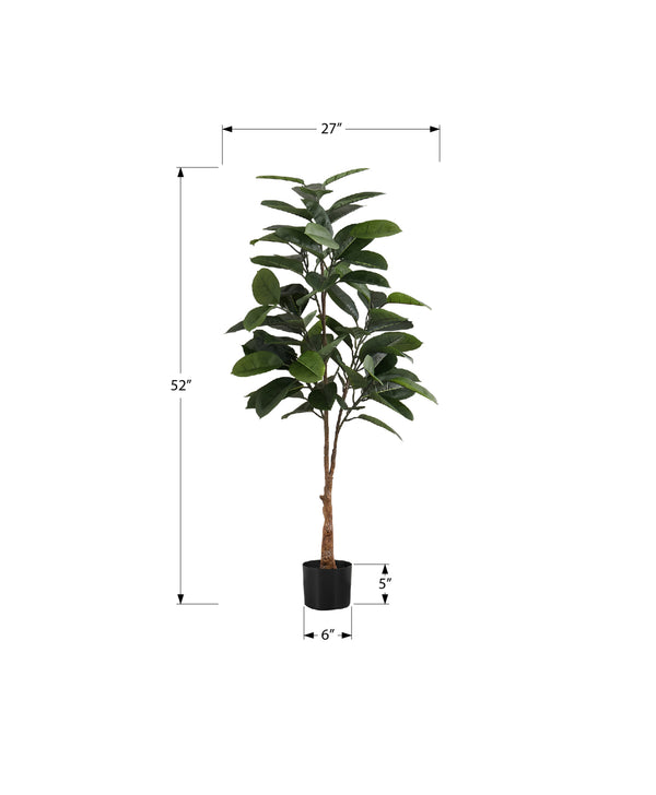 Monarch Specialties Artificial Plant, 52" Tall, Rubber Tree, Indoor, Faux, Fake, Floor, Greenery, Potted, Real Touch, Decorative, Green Leaves, Black Pot Green,Black,White, Black,White Plastic,Cement,Foam,Metal I 9514