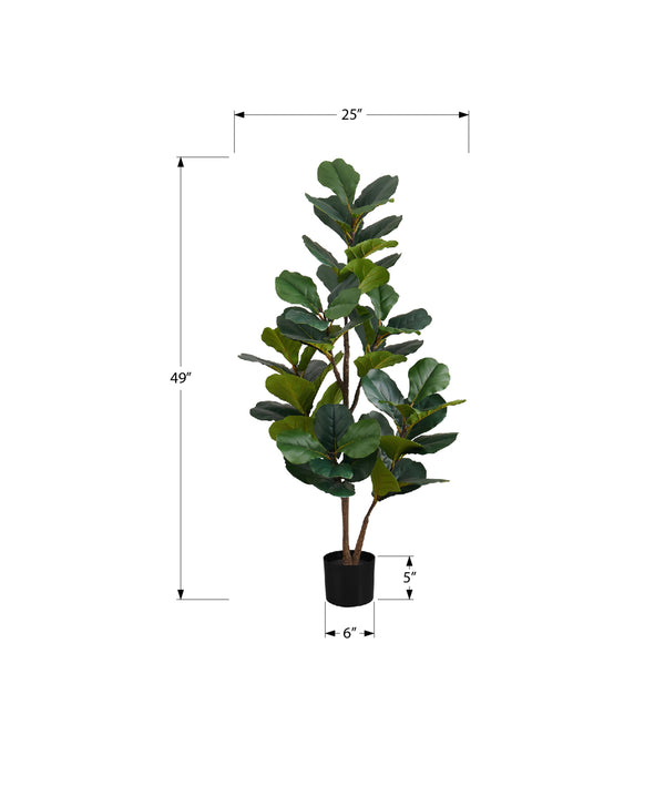 Monarch Specialties Artificial Plant, 49" Tall, Fiddle Tree, Indoor, Faux, Fake, Floor, Greenery, Potted, Real Touch, Decorative, Green Leaves, Black Pot Green,Black, Black Plastic,Cement,Foam,Metal I 9517